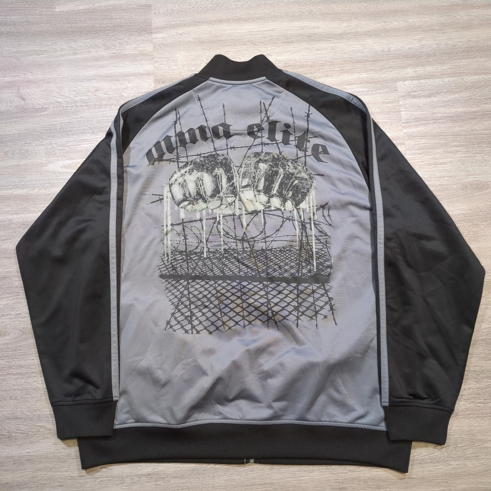 MMA Elite Men's Large Track Jacket Full Zip Black Grey Grunge Knuckles Wire